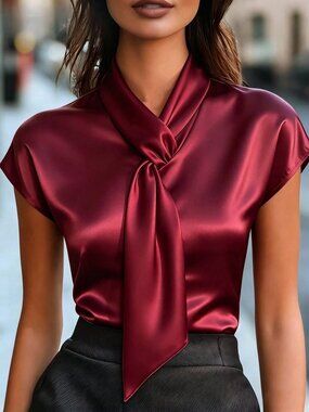 Burgundy Elegant Women's Loose Fit Tie Neck Batwing Sleeve Regular Shirt
